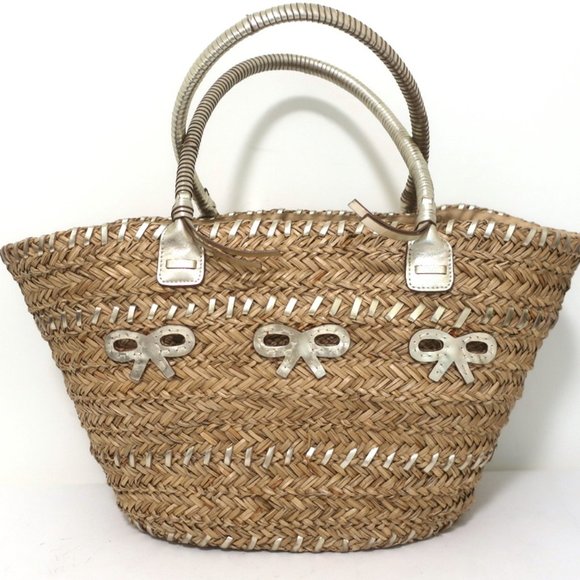 ANYA HINDMARCH BEACH LARGE BASKET TOTE GOLD LEATHER-TRIM RAFFIA SHOULDER BAG - Picture 5 of 10